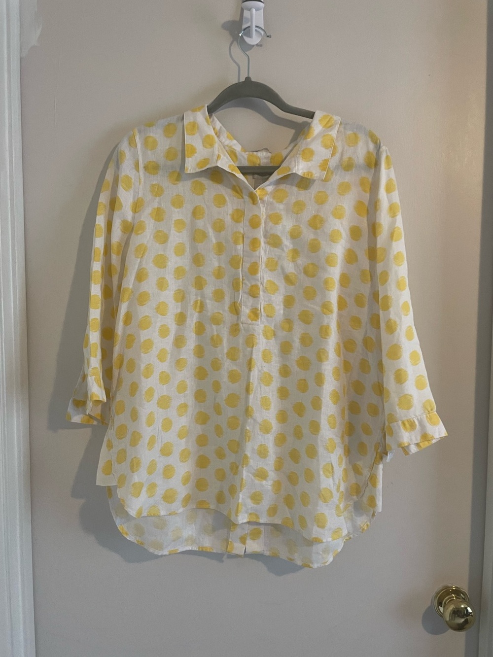 Chico’s 100% Linen Yellow Polka Dot Popover Tunic Sz 2 (US 12) EUC 412